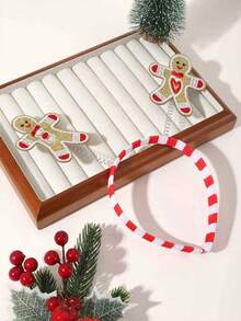 1pc Women's Christmas Embroidered Heart Gingerbread Man Red & White Striped Headband, Cute ,Beauty ,Hair Hair Hoop ,Hairband For Women - Hairband - View 2
