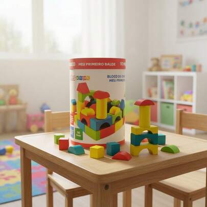 Bloco De Construção Em Madeira Balde 50 Peças Montessori
