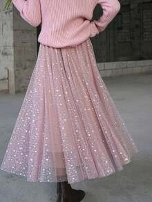 Spring/Summer New Versatile Pink Sequin Skirt, Pink Mesh A-Line Skirt, Pleated Flared Skirt - Pink - View 4