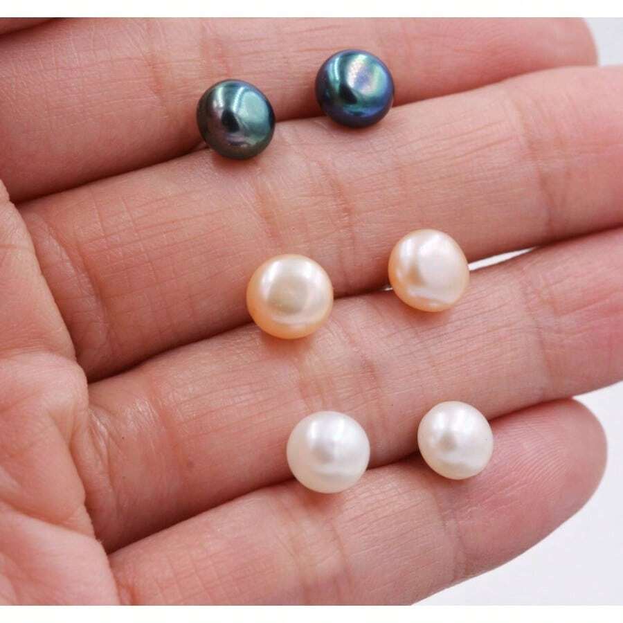 1Pair Beautiful Pair Of Real Fresh Water Pearl Stud Earrings In Sterling Silver, Pink Cream Or Black, Simple Classic Minimalist Jewellery A4 - Pink - View 1