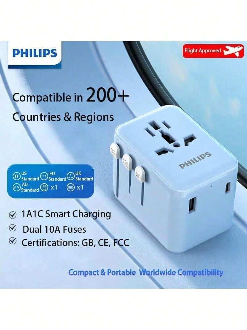 PHILIPS Adaptador de viagem multipaís SPB1015: 1 porta USB + 1 porta Tipo C, compatível com Austrália e Nova Zelândia, leve e portátil, ideal para carregar vários dispositivos.