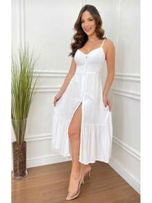 Maria Flor Midi Dress With Thin Straps, Padded Cups, Buttons, And Front Slit. - White - View 2