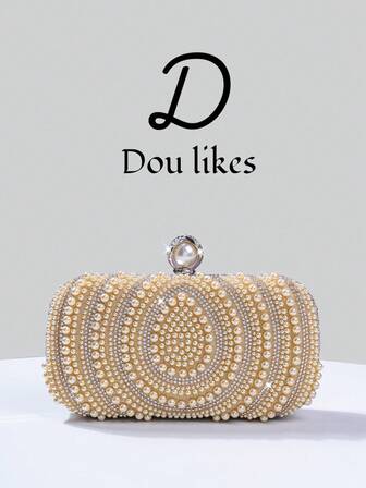 优雅水滴香槟珍珠晚宴手拿包，高端订婚手提包，适合搭配旗袍，配有金属链条，优雅女士派对包，适合派对、婚礼、舞会、宴会，完美搭配女士毕业礼服、毕业配饰、亮片连衣裙、闪亮连衣裙、女士优雅连衣裙。