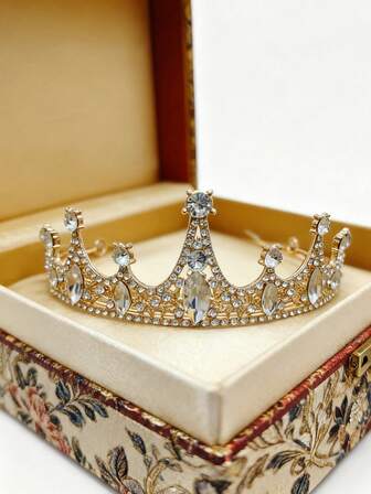 Vintage Court Style Gold Rhinestone Crown, Luxury Bridal Wedding Tiara Hair Accessory, European Princess - Style Banquet Styling Headpiece