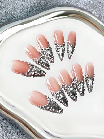 Stiletto Nails French Handmade Press-On Nails - Nude Base With Silver Full-Cover Crystal Glitter & 3D Luxe Designs, Full-Cover DIY High-Shine False Nails, 10pcs/Set