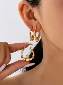 6pcs/Set Fashionable Hollow Heart, Carrot, Bamboo Hoop Earrings Set, Elegant Metal Gold Color Suitable For Women Daily, Party, Holiday Wear, Gift - Yellow Gold - View 2