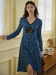 Simple Retro Women's Polyester Lace Print V-Neck Long Sleeve Maxi Dress - Blue - View 1