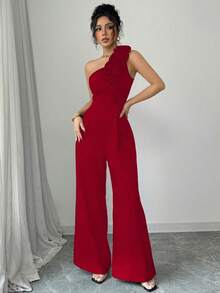 Women's One-Shoulder Jumpsuit With A 3D Rose Print, A Retro And Elegant Wide-Leg Style, Ideal For Banquets, Parties, And Other Occasions. - 紅色 - 查看 4