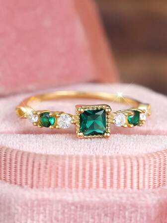 1pc Elegant Square Green Synthetic Zirconia Minimalist Ring, Women's Fashion Classic Luxury Ring, Suitable For Wedding Wear