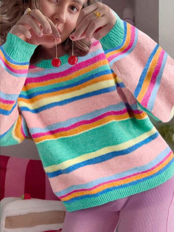 Suéter de mujer de gran tamaño de estilo coreano para otoño-invierno, con rayas de colores contrastantes, cuello redondo y manga larga. Diseño de moda y estilo perezoso, jersey de punto dulce y casual.