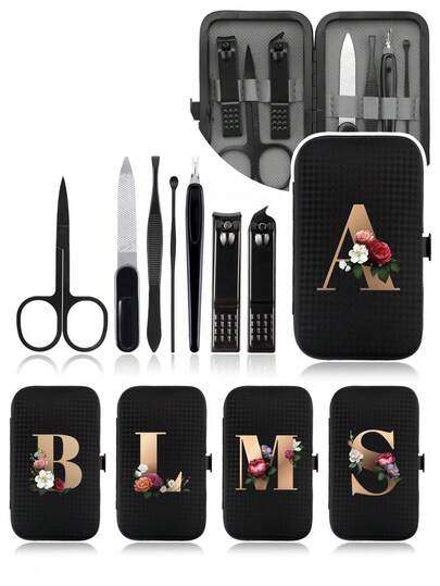 7pcs/Set 26 Letter & Floral Pattern Nail Clipper Manicure Tool Kit, With Portable Travel Case, Includes Cuticle Nipper And Trimmer, Professional Nail & Foot Care Set, Travel Beauty Kit, Suitable For Gifts, Back To School
