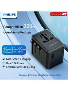 PHILIPS Adaptador de viaje multicontenedor SPB1015 con 1 puerto USB + 1 puerto Tipo-C, compatible con Australia y Nueva Zelanda, ligero y portátil, admite la carga de dispositivos. - Tipo de Enchufe B USA (220-240V) - Ver 4