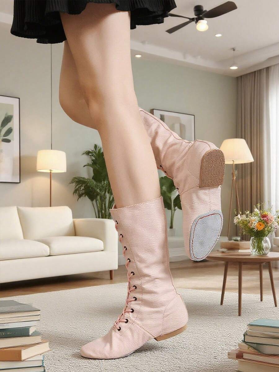 Women's New High-Top Dance Shoes, Pink Low Heel 1.5cm Jazz Dance Shoes, Lace-Up Canvas Soft Bottom Indoor Sports Shoes, 26cm Shaft Height, Pink Sports Shoes, Ballet Dance Shoes, Salsa Dance, Modern Dance Practice, Dance Performance, Dance Hall, Comfortable, Soft, Lightweight, Breathable