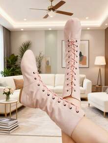 Women's New High-Top Dance Shoes, Pink Low Heel 1.5cm Jazz Dance Shoes, Lace-Up Canvas Soft Bottom Indoor Sports Shoes, 26cm Shaft Height, Pink Sports Shoes, Ballet Dance Shoes, Salsa Dance, Modern Dance Practice, Dance Performance, Dance Hall, Comfortable, Soft, Lightweight, Breathable