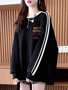 女款棉质双条纹撞色罗纹侧条纹镶嵌撞色细边休闲学院风圆领运动衫