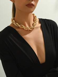 1pc Exaggerated Thick Chain Necklace, Gold Necklace, 2 Tone Silver-Gold Necklace, Elegant Classic Chain Choker, Daily Accessories, Party, Vacation, Dating Jewelry, Gift For Her - Yellow Gold - View 7