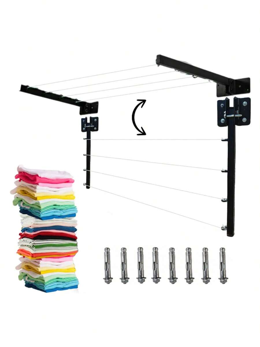 Retractable Wall-Mounted Folding Clothesline, Clothes Drying Rack For Heavy Clothes And Blankets, Reinforced With Metal, Compact, Space-Saving, Heavy Load Capacity - Black - View 1