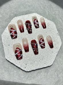 10片圣诞节美甲贴片，手工制作圣诞树星星珍珠雪花红色节日假指甲贴片，可移除可重复使用美甲用品（1张果冻贴纸+1个指甲锉） - 酒紅色 - 查看 9