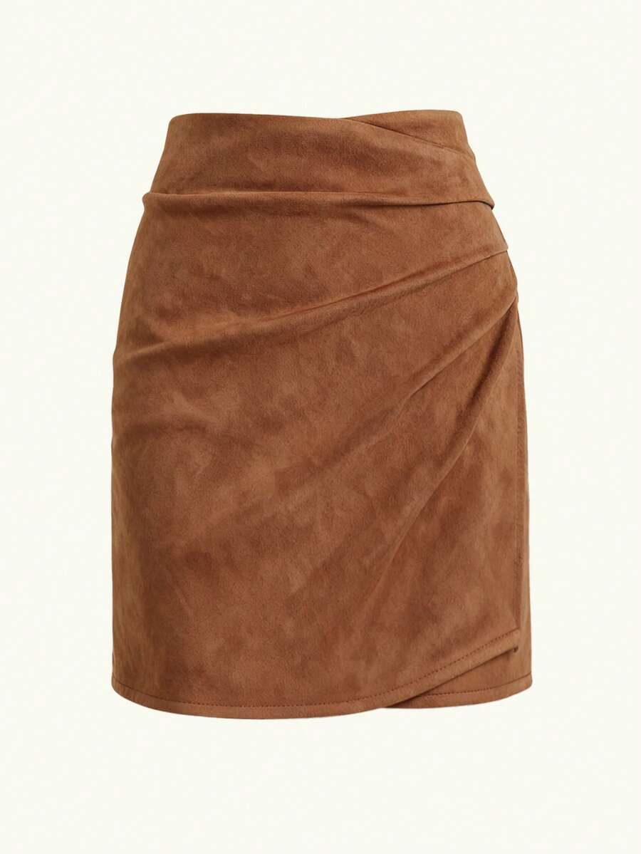 Vintage Italian Style Ruched Maillard Color Midi Skirt, Sexy Deep Toned Women Design, Suitable For Autumn/Winter - Coffee Brown - View 1