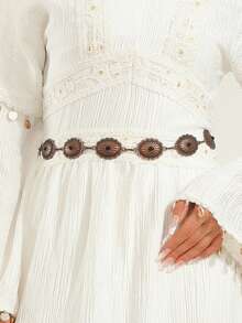 سلسلة خصر معدنية بنمط زهري بيضاوي مزيف باللون الفضي، حزام خصر متعدد الاستخدامات، ديكور للفساتين والبناطيل وفساتين الشاطئ البوهيمية، إكسسوار خصر أساسي