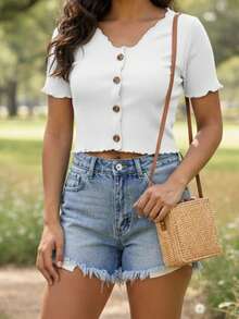 Cropped Feminino Canelado com Botão – Tamanho Único, Estilo Moderno Simples Botões na frente  Botões, Fake, Passeio Diário, Festa