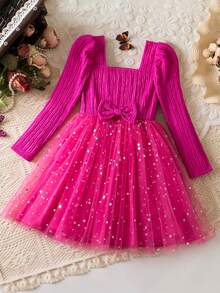 Girl Star Sequined Tulle Dress With Bowknot Long Sleeves Fall Winter Clothes Little Princess Christmas Holiday Birthday Party Dresses - Màu Hồng Tươi - Xem 2