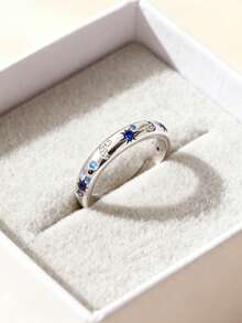 1 Pc Original 925 Sterling Silver Rings For Women 4-10 Sizes Class Star Moon Pattern Cubic Zirconia Stackable Ins European And American Style Elegance Jewelry Gifts Fits Daily Party Shopping - Silver - View 1