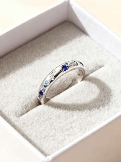 1 pieza Anillo original de plata de ley 925 para mujer, tallas del 4 al 10, con diseño de estrella y luna, patrón de circonita cúbica, apilable, estilo elegante europeo y americano, joya ideal para regalos, apta para uso diario y fiestas