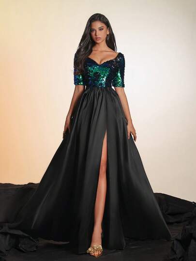 VIPGIRL Black Sequin Short Sleeve Top Paired With Satin High Slit Maxi Skirt, Showcasing Alluring Charm, Ideal For Formal Evening Gowns, Galas, And Elegant Parties.