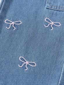 1 件女童休闲时尚工装裤，带蝴蝶结刺绣，蓝色水洗阔腿直筒牛仔裤 - 中等水洗藍 - 查看 5