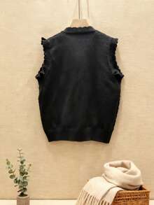 女士新款中国风针织背心开衫无袖上衣，黑色 - 黑色 - 查看 4