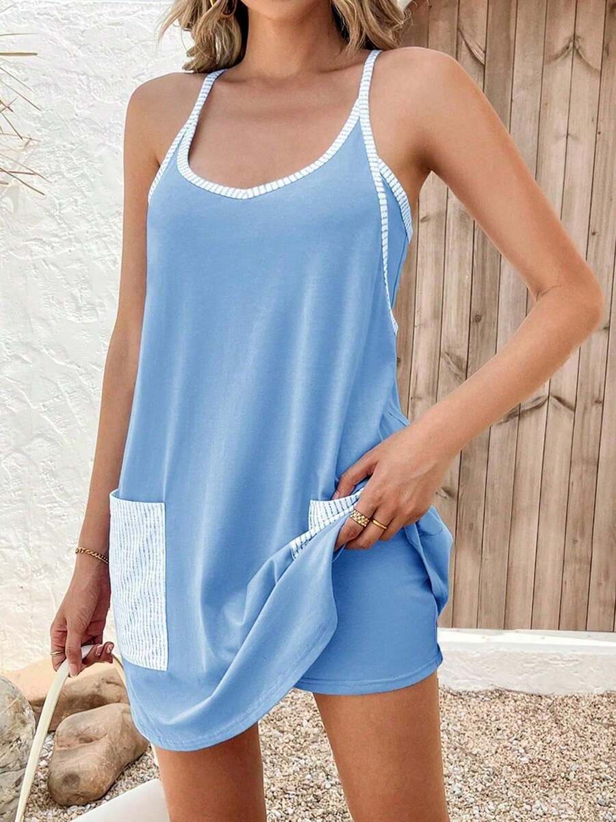 Women's Tennis Dress Athletic Mini Romper With Built-In Shorts Summer Active Outfits - Màu xanh lam - Xem 1