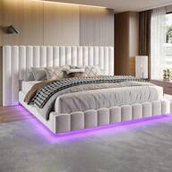 Merluxy Platform Bed Frame With LED Lights And Floating Design, Modern Velvet Upholstered Bed With Oversized Headboard, Sturdy Construction, No Box Spring Needed