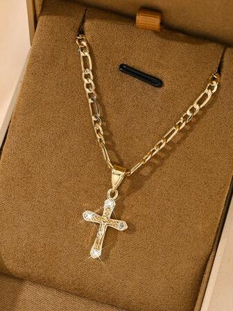 1件铜镶嵌锆石十字架吊坠项链，时尚信仰风格，小巧尺寸适合叠戴，是圣诞节、感恩节、万圣节、母亲节、情人节、送给朋友、教会成员、初领圣体、日常佩戴和祈祷的绝佳礼物。