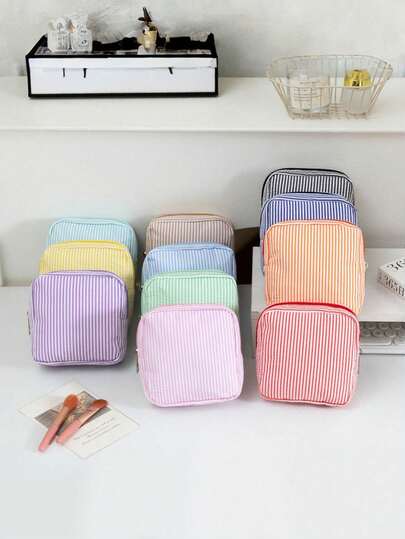 1 New Colorful Striped Multifunctional Women's Makeup Storage Bag, Student Toiletry Bag, Sister's Coin Purse, Portable Makeup Brush Storage Bag, Dirt-Resistant, Wear-Resistant, Durable, Compact And Portable, Zipper Closure, Can Hold Lipstick, Brushes, Skincare Products, Phone, Coins, And Small Items. Suitable For Home, Travel, Vacation