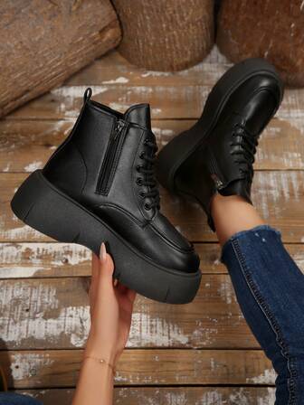 Lace-Up Boots With Side Zipper Decor, Thick Sole Glossy Short Shaft Motorcycle Boots, Leather Surface, Fashion & Elegant For Office, School, Autumn/Winter New Flat Ankle Boots And Short Boots For Women