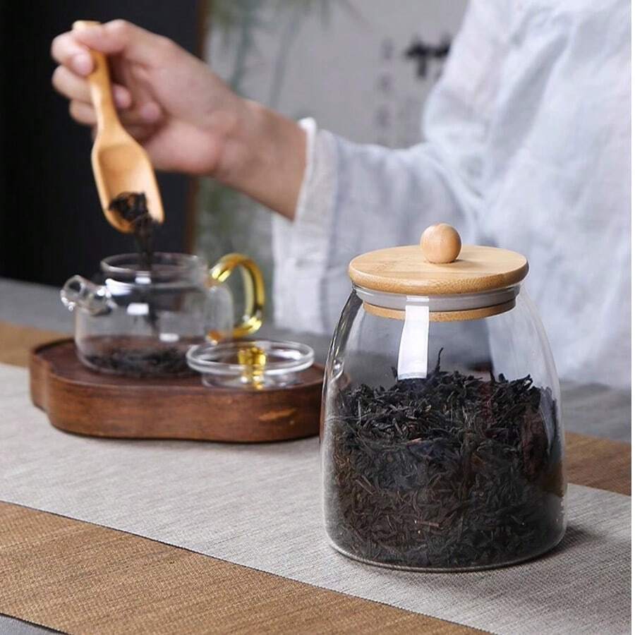 竹木盖透明玻璃水果盘，创意风格，日式带盖，干果托盘，多格水果盘，适合家用咖啡桌 - 彩色 - 查看 1