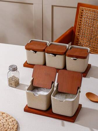 1 pieza/1 set (1 bandeja con 2/3 tarros y cuchara) Tarros de cerámica para almacenar azúcar/dulces/alimentos, recipientes sellados herméticamente para granos, dulces, galletas, pan, sal, pimienta, especias, accesorios de cocina, adecuados para el hogar, fiestas, restaurantes, campamentos, picnics, celebraciones de bodas, servicio de fiestas