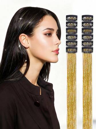 Hair Extension Pieces With Dazzling Laser Gold Thread Hair Extension 12-Piece Box Wig Pieces, BB Clip Gold Thread Shiny Hair Extension, Colorful Laser Clip Gold Thread Hair Extension Dressing Wig Pieces For Women, Suitable For Parties And Daily Wear (Multiple Colors). Ladies' Wigs, Ladies' Hair Extensions.