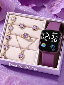 6/1 款女孩时尚优雅浪漫经典 LED 数字显示方形电子表套装。适合女孩佩戴。附赠珠宝手链、项链、戒指和耳环套装。适合学生佩戴。非常适合返校、聚会和旅行等日常生活中使用。非常适合作为送给朋友的礼物、生日礼物、毕业季礼物，也是送给妈妈的完美礼物。 - 彩色 - 查看 17