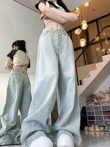 Quần jean ống rộng buộc dây thời trang dành cho nữ, quần ống đứng dáng rộng dài đến mắt cá chân - Màu xanh lam - Xem 3