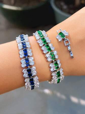 1個 ブルー、グリーン、ピンク、ホワイト キュービックジルコニア ファッションデザイン ワイドテニスブレスレット、シルバーメッキCZジュエリー レディース 結婚式、パーティー、ブライダル、婚約、バンケット、ページェント、プロム