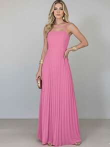Women's Long Pleated Dress With Thin Straps And Tie Back - Perfect For Weddings, Graduations, Parties, And Christmas - Hồng - Xem 1