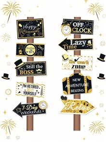 10个黑色金色退休派对指示牌，退休快乐欢迎牌，退休派对用品，退休庆祝纸质指示牌，指示牌剪纸，拍照道具，节日派对装饰，通用庆祝活动用品 - 彩色 - 查看 1