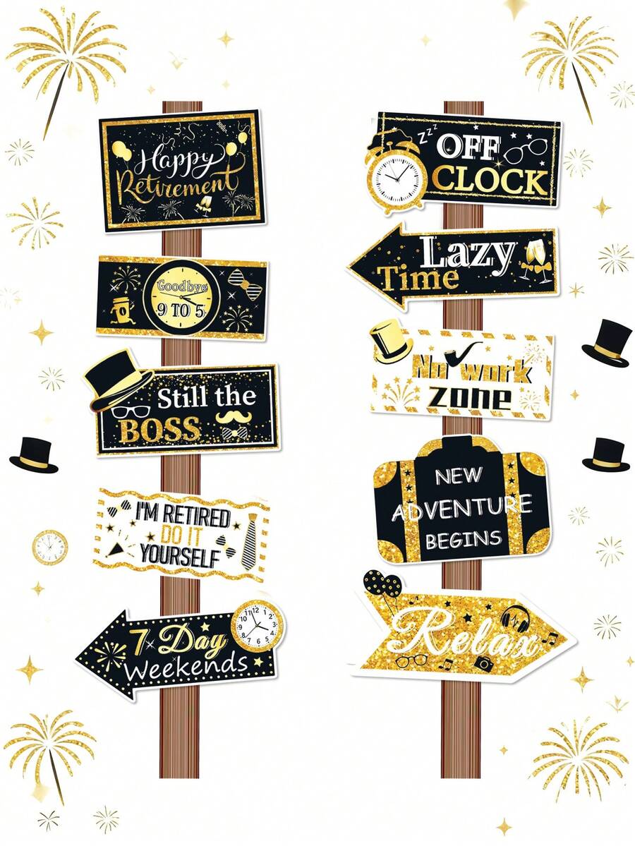 10个黑色金色退休派对指示牌，退休快乐欢迎牌，退休派对用品，退休庆祝纸质指示牌，指示牌剪纸，拍照道具，节日派对装饰，通用庆祝活动用品 - 彩色 - 查看 1