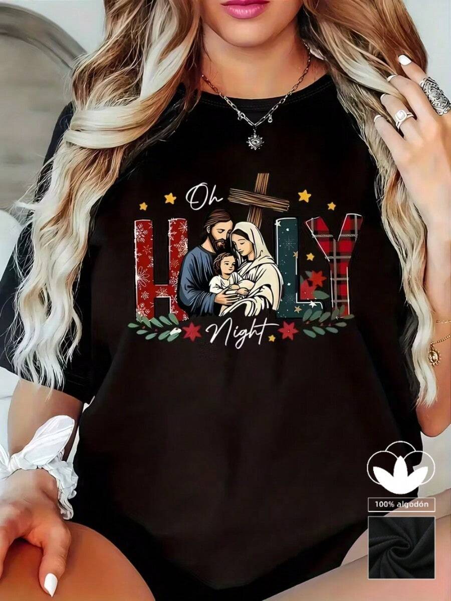 Camiseta informal de mujer, 100% algodón, con estampado navideño, cómoda camiseta de manga corta y cuello redondo, ideal para primavera y verano, apta para cualquier ocasión, color liso, estilo informal, para uso diario. - Negro - Ver 1