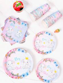 性别揭晓派对可爱小象一次性餐盘、餐巾纸、杯子套装，包含餐盘、餐巾纸和杯子，可供8位客人使用，一次性纸盘，适合生日、婚礼、主题派对、家庭野餐等场合。 - 彩色 - 查看 4