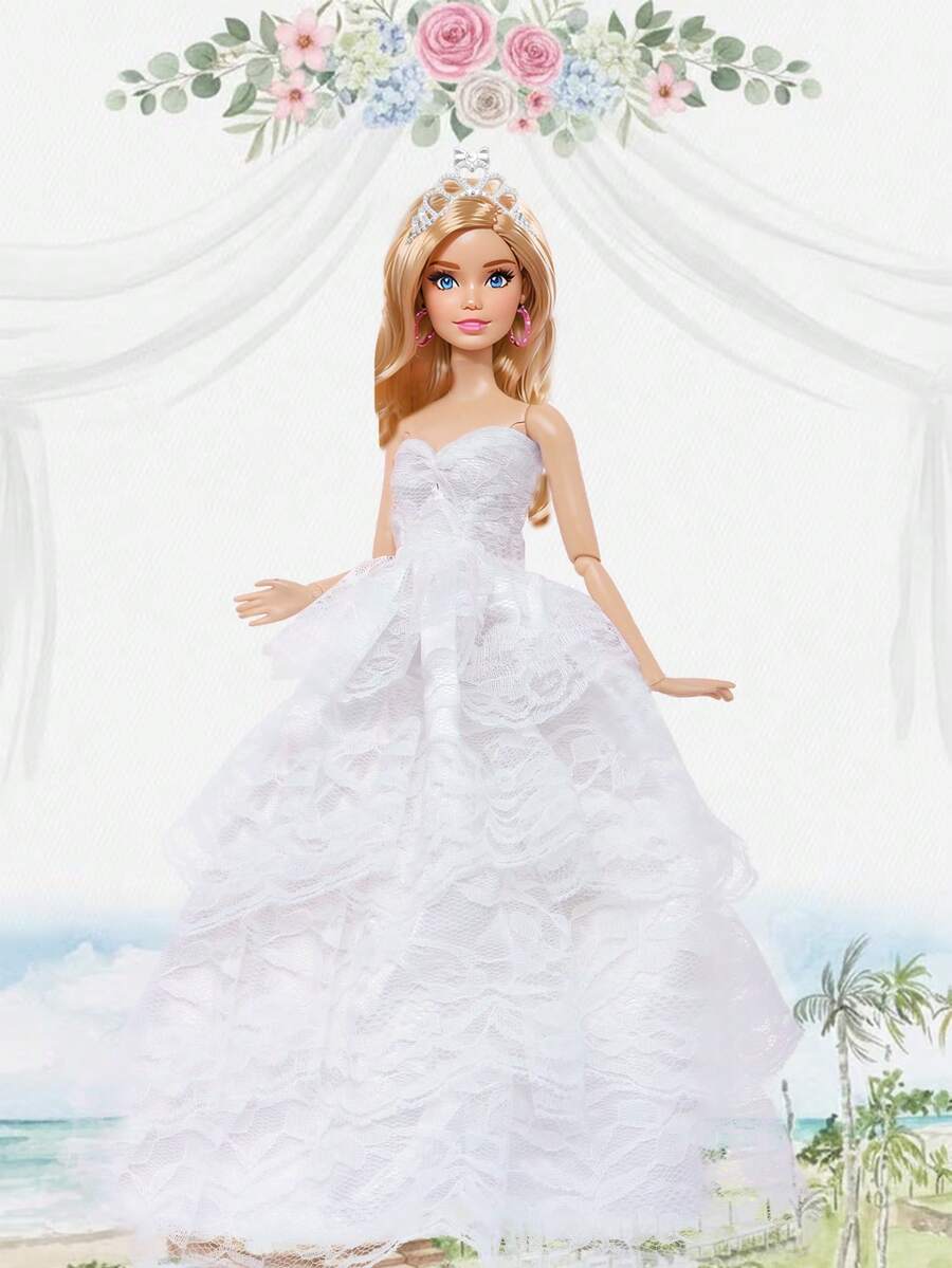 11.8 Inch Doll White Wedding Dress Set (Including Dress + Veil + Crown), 3pcs Doll Accessories, Suitable For Birthday, Fashion Party, Christmas Gift (Doll Not Included)