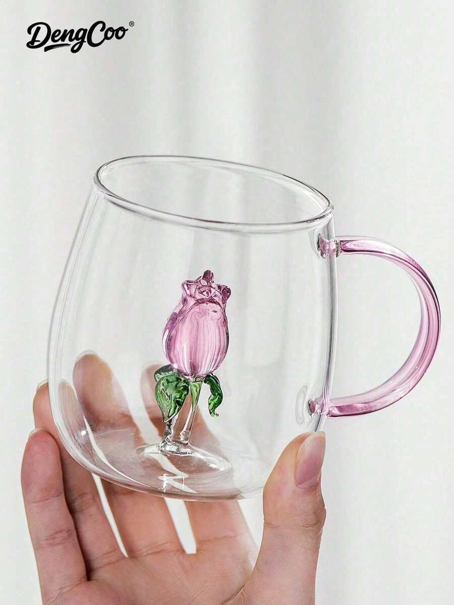 Dengcoo 1 chiếc cốc thủy tinh hình hoa hồng - Cốc cà phê thủy tinh borosilicate cao cấp có họa tiết hoa, hoàn hảo để nhâm nhi một cách thanh lịch - Cúp hoa hồng - Xem 1