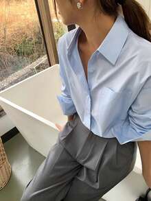 Women's Light Blue Long Sleeve Button-Down Shirt With Collar And Pockets, Regular Length, Non-Stretch Polyester Fabric, Classic Women's Long Sleeve Shirt, Fashionable Casual Wear For Daily Office - Baby Blue - View 3